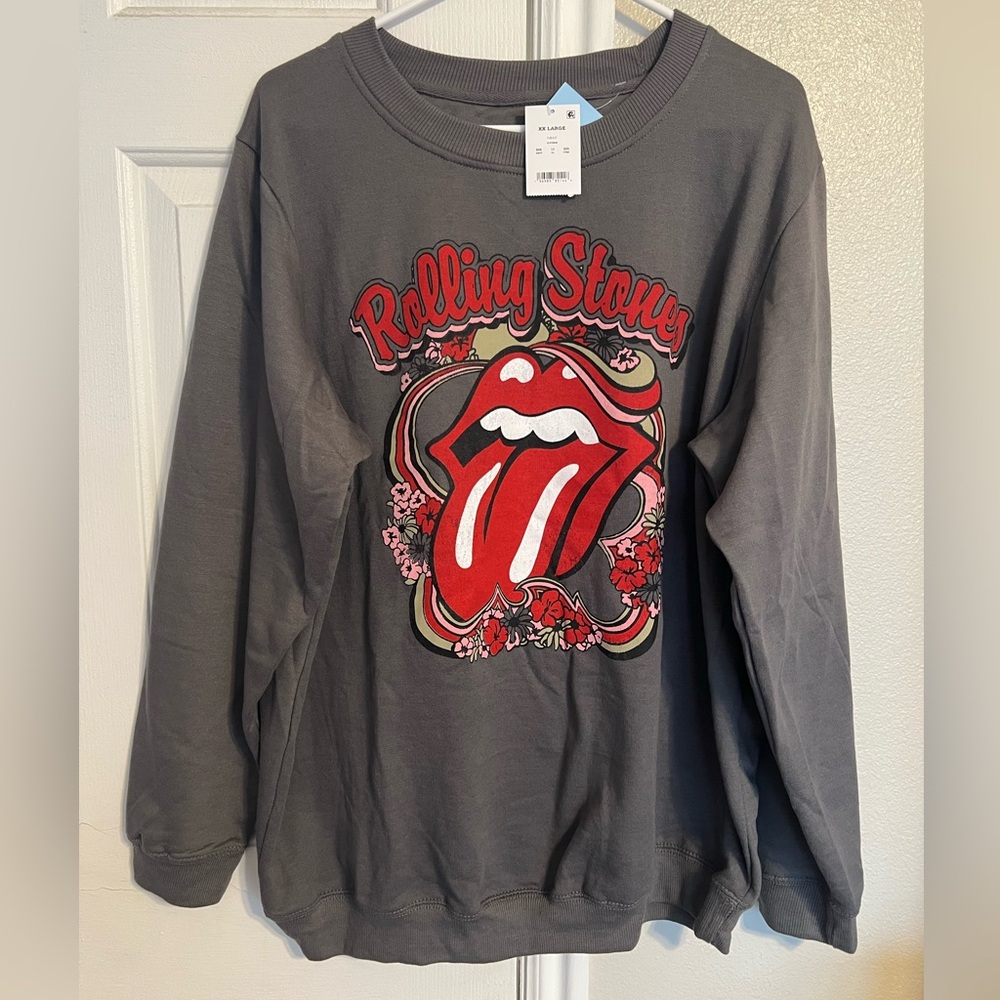 Rolling Stones Crewneck Graphic Sweatshirt in Gray Plus Size Floral Print NWT